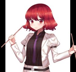 Rule 34 | 1girl, belt, black shirt, blush, closed mouth, collared shirt, dark jewel (gem oblivion), drumsticks, highres, holding, horikawa raiko, jacket, juliet sleeves, long sleeves, looking at viewer, necktie, open clothes, open jacket, puffy sleeves, purple necktie, red eyes, red hair, shirt, short hair, smile, solo, touhou, upper body, white jacket