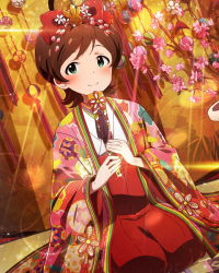 Rule 34 | 10s, 1girl, artist request, beamed quavers, blush, brown hair, green eyes, hair ornament, holding, idolmaster, idolmaster million live!, japanese clothes, kinoshita hinata, kneeling, looking at viewer, musical note, official art, short hair, sitting, smile, solo, sparkle