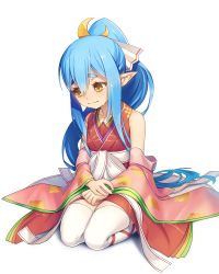 Rule 34 | 1girl, bags under eyes, bare shoulders, bettle (b s a n), blue hair, blush, brown eyes, closed mouth, crescent, crying, crying with eyes open, detached sleeves, full body, high ponytail, japanese clothes, kaguya (sennen sensou aigis), kimono, kimono skirt, long hair, long sleeves, looking away, own hands together, pointy ears, seiza, sennen sensou aigis, simple background, sitting, solo, tears, thick eyebrows, thighhighs, very long hair, wavy mouth, white background, white thighhighs