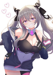 Rule 34 | 1girl, absurdres, asymmetrical legwear, azur lane, bare shoulders, black gloves, black ribbon, blue jacket, breasts, cleavage, cleavage cutout, clothing cutout, cowboy shot, elegant (sumisumi4268), fingerless gloves, gloves, grey hair, hair horns, hair ribbon, heart, highres, jacket, large breasts, leaning forward, long hair, multicolored hair, off shoulder, open clothes, open jacket, purple eyes, purple hair, ribbon, san francisco (azur lane), simple background, smile, solo, standing, streaked hair, twintails, two-tone hair, very long hair, white background