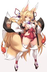 Rule 34 | 1girl, :o, animal ears, blonde hair, breasts, commentary request, detached sleeves, fox ears, fox tail, full body, gradient background, highres, holding, holding sword, holding weapon, izuna (shinrabanshou), karukan (monjya), katana, long hair, looking at viewer, medium breasts, multiple tails, red eyes, shinrabanshou, sideboob, solo, standing, sword, tail, thick eyebrows, thighhighs, weapon, white background, white thighhighs, wide sleeves