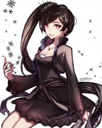 Rule 34 | alternate color, alternate eye color, alternate hair color, artist name, bad id, bad twitter id, black dress, blazblue, blazblue: cross tag battle, breasts, cleavage, commentary request, dress, earrings, ecru, jewelry, long hair, necklace, rwby, scar, scar across eye, scar on face, solo, very long hair, weiss schnee