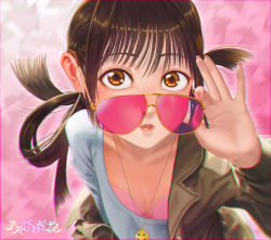 Rule 34 | 10s, 1girl, asobi asobase, blush, bra, breasts, brown eyes, brown hair, carla (gfgfh80418), cleavage, collarbone, copyright name, unworn eyewear, holding, holding removed eyewear, honda hanako, jacket, jewelry, leather, leather jacket, long hair, long sleeves, looking at viewer, low twintails, nail polish, necklace, parted lips, shirt, sidelocks, small breasts, solo, standing, sunglasses, twintails, underwear, white shirt