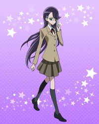 Rule 34 | 1girl, black footwear, bow, bowtie, brown jacket, brown skirt, dress shirt, full body, glasses, heartcatch precure!, highres, jacket, kneehighs, loafers, long hair, long sleeves, miniskirt, myoudou gakuen high school uniform, official art, pleated skirt, precure, precure connection puzzlun, purple eyes, purple hair, red bow, red bowtie, school uniform, shirt, shoes, skirt, smile, socks, solo, third-party source, tsukikage yuri, walking, white shirt