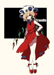 Rule 34 | 1girl, absurdres, alternate costume, bad id, bad twitter id, black background, blonde hair, bracelet, dress, expressionless, flandre scarlet, hair between eyes, hair ribbon, hat, highres, jewelry, legs, mob cap, necktie, pink background, red dress, red eyes, red footwear, ribbon, see-through clothes, shi chimi, short hair, short necktie, side ponytail, solo, thighs, touhou, two-tone background, white background, white hat, wings