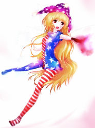 Rule 34 | 1girl, american flag dress, american flag legwear, arched back, bad id, bad pixiv id, blonde hair, breasts, chromatic aberration, clownpiece, fairy wings, fang, fire, gradient background, hat, hip focus, jester cap, long hair, looking to the side, nekoya (liu), open mouth, outstretched arm, pantyhose, purple background, purple fire, red eyes, short sleeves, small breasts, solo, torch, touhou, very long hair, white background, wings