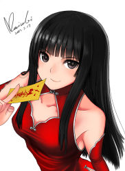 Rule 34 | 1girl, bare shoulders, black eyes, black hair, blush, breasts, character request, china dress, chinese clothes, cleavage cutout, clothing cutout, detached sleeves, dress, from above, long hair, looking at viewer, maisaki, ofuda, simple background, smile, solo