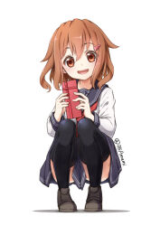 Rule 34 | 1girl, anchor symbol, blush, box, brown eyes, brown hair, chocolate, fang, gift, gift box, hair ornament, hairclip, happy valentine, highres, holding, holding gift, ikazuchi (kancolle), kantai collection, long sleeves, neckerchief, open mouth, pleated skirt, red neckerchief, school uniform, serafuku, short hair, skirt, smile, squatting, tetsuryuu, thighhighs, twitter username, white background
