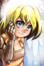 Rule 34 | 10s, 1girl, 2013, absurdres, angel, angel wings, blonde hair, blue eyes, borrowed character, breasts, cassie (acerailgun), cyborg, feathered wings, hand in own hair, highres, looking at viewer, mechanical arms, original, robert knight, signature, single mechanical arm, sleeveless, small breasts, smile, solo, upper body, wings