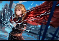 Rule 34 | 1girl, advarcher, blonde hair, cosplay, dishwasher1910, edward elric, edward elric (cosplay), fullmetal alchemist, gloves, letterboxed, long coat, prosthesis, prosthetic arm, rwby, smirk, solo, trait connection, yang xiao long