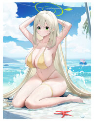 Rule 34 | 2girls, absurdres, arm up, armpits, arms behind head, arms up, bare shoulders, barefoot, beach, beach umbrella, bikini, blonde hair, blue archive, blue sky, blush, breasts, cleavage, closed mouth, cloud, collarbone, day, green eyes, hair between eyes, halo, highleg, highleg bikini, highres, hoshino (blue archive), hoshino (swimsuit) (blue archive), inflatable toy, inflatable whale, kneeling, large breasts, long hair, looking at viewer, malon (chuan2700), multiple girls, navel, nonomi (blue archive), nonomi (swimsuit) (blue archive), ocean, official alternate costume, outdoors, palm tree, parted lips, pink hair, sand, sitting, skindentation, sky, smile, starfish, stomach, string bikini, summer, swimsuit, thigh strap, thighs, tree, twintails, umbrella, very long hair, wariza, water, wet, yellow bikini
