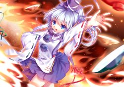 Rule 34 | 1girl, blue eyes, blush, breasts, long hair, long sleeves, looking away, medium breasts, mononobe no futo, moseley, open mouth, ponytail, silver hair, solo, spell card, touhou