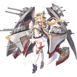 Rule 34 | 1girl, armor, artist request, black surge night, blue eyes, breasts, crossed legs, dress, epaulettes, full body, gauntlets, headgear, high heels, holding, holding weapon, long hair, medal, medium breasts, military, military uniform, official art, ponytail, rapier, rigging, sidelocks, smile, solo, sword, thighhighs, transparent background, uniform, very long hair, warspite (black surge night), watson cross, weapon, white thighhighs