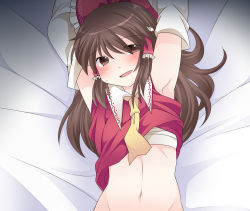Rule 34 | 1girl, armpits, arms up, bad id, bad pixiv id, belly, blush, bow, brown eyes, brown hair, detached sleeves, hair bow, hair tubes, hakurei reimu, hammer (sunset beach), long hair, looking at viewer, midriff, navel, open mouth, solo, touhou