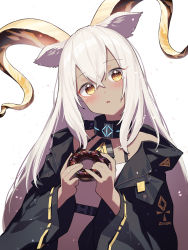 Rule 34 | 1girl, absurdres, animal ears, arknights, bare shoulders, beeswax (arknights), beudelb, black collar, black jacket, collar, dark-skinned female, dark skin, doughnut, food, goat ears, goat girl, goat horns, highres, holding, holding food, horns, infection monitor (arknights), jacket, long hair, open clothes, open jacket, parted lips, shirt, simple background, solo, upper body, white background, white hair, white shirt, yellow eyes