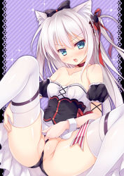 Rule 34 | 1girl, animal ears, azur lane, bare shoulders, between labia, black panties, blue eyes, blush, breasts, cat ears, cat hair ornament, choker, cleavage, collarbone, commentary request, female focus, fingernails, hair between eyes, hair ornament, hair ribbon, hammann (azur lane), head tilt, long hair, looking at viewer, mitsuimina, nail polish, nose blush, open mouth, panties, partially visible vulva, pink nails, puffy short sleeves, puffy sleeves, red choker, red ribbon, remodel (azur lane), ribbon, short sleeves, skirt, small breasts, solo, thighhighs, two side up, underbust, underwear, v-shaped eyebrows, very long hair, white hair, white skirt, white thighhighs