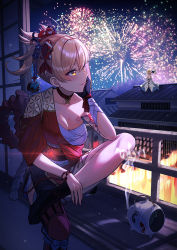 Rule 34 | 3girls, architecture, arm tattoo, black choker, black gloves, blonde hair, bracelet, breasts, chest sarashi, chest tattoo, choker, cleavage, closed mouth, crossed ankles, dress, earrings, east asian architecture, fireworks, floating, genshin impact, gloves, glowing, hadanugi dousa, hair ornament, head rest, incense, japanese clothes, jewelry, kimono, lantern, large breasts, lumine (genshin impact), medium hair, multiple girls, night, night sky, on roof, open clothes, open kimono, orange kimono, paimon (genshin impact), paper lantern, ponytail, rope, sarashi, scarf, shimenawa, single glove, sitting, sitting on roof, sky, smile, stud earrings, tattoo, unowen, vision (genshin impact), white dress, white scarf, yellow eyes, yoimiya (genshin impact)