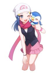 Rule 34 | 1girl, beanie, blue eyes, blue hair, bracelet, commentary request, creatures (company), cropped legs, dawn (pokemon), game freak, gen 4 pokemon, hat, highres, jewelry, miniskirt, nintendo, one eye closed, open mouth, pink scarf, pink skirt, piplup, pokemon, pokemon (creature), pokemon dppt, scarf, skirt, smile, sonoda (mzm), wristband