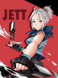 Rule 34 | 1girl, animification, black pants, black shirt, blue eyes, blue jacket, breasts, character name, cropped jacket, floating, floating object, floating weapon, from side, goar00, hair behind ear, highres, holding, holding knife, jacket, jett (valorant), knife, kunai, looking at viewer, medium breasts, pants, parted bangs, ponytail, shirt, solo, valorant, weapon, white hair, wind