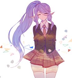 Rule 34 | 1girl, alternate costume, alternate hair color, bad id, bad pixiv id, closed eyes, facing viewer, highres, janna (league of legends), kiio, league of legends, long hair, necktie, pointy ears, ponytail, purple hair, red necktie, sketch, skirt, smile, solo, standing, star guardian (league of legends), star guardian janna, striped necktie, striped neckwear, thighhighs, white thighhighs