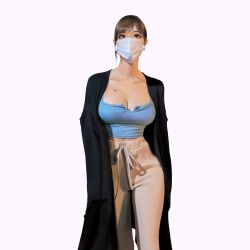 Rule 34 | 1girl, breast tattoo, breasts, brown eyes, brown hair, cleavage, coat, coat on shoulders, collarbone, derivative work, heart, heart tattoo, highres, large breasts, looking at viewer, mask, mouth mask, original, pants, realistic, simple background, solo, surgical mask, sweatpants, tattoo, wonbin lee