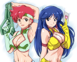 Rule 34 | 2girls, arm above head, arm behind back, arm up, armpits, bandana, blue eyes, blue hair, breasts, brown eyes, card, cleavage, dirty pair, earrings, gloves, green gloves, gun, holding, holding card, holding gun, holding weapon, jewelry, kei (dirty pair), long hair, looking at viewer, multiple girls, ohtado, open mouth, red hair, simple background, single glove, smile, weapon, white background, yellow gloves, yuri (dirty pair)