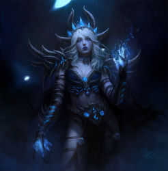 Rule 34 | 1girl, armor, artist name, belt, belt buckle, bikini armor, blonde hair, blue eyes, blue gemstone, blue hair, blue lips, bone, breasts, buckle, chain, chain necklace, cowboy shot, crown, dark background, facepaint, gem, gloves, glowing, highres, horns, ice, ina wong, looking at viewer, magic, multicolored hair, necklace, parted lips, shoulder pads, sindragosa, skull, solo, spikes, standing, torn clothes, two-tone hair, warcraft, world of warcraft