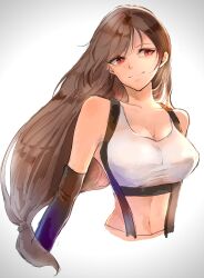 Rule 34 | 1girl, bare shoulders, black gloves, breasts, brown hair, cleavage, crop top, elbow gloves, final fantasy, final fantasy vii, final fantasy vii remake, gloves, grey background, highres, hikari kro, large breasts, long hair, looking to the side, low-tied long hair, midriff, red eyes, shirt, sleeveless, sleeveless shirt, smile, solo, suspenders, swept bangs, tifa lockhart, upper body, white shirt