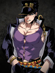 Rule 34 | 1boy, adapted costume, anger vein, bad id, bad pixiv id, black hair, blue eyes, bracelet, bursting pectorals, buttons, hands in pockets, hat, jewelry, jojo no kimyou na bouken, kuujou joutarou, large pectorals, less end, long coat, male focus, muscular, muscular male, pectorals, solo, stardust crusaders