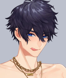 Rule 34 | 1boy, blue eyes, blue hair, chain, chain necklace, commission, cropped, grey background, indie virtual youtuber, jewelry, male focus, muscular, muscular male, necklace, pinchi, portrait, shoto (vtuber), skeb commission, smile, tongue, tongue out, virtual youtuber