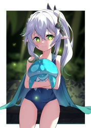 Rule 34 | 1girl, absurdres, bare shoulders, cocoablue23, cowboy shot, elf, genshin impact, green eyes, hair ornament, highres, hug, looking at viewer, nahida (genshin impact), pointy ears, school swimsuit, side ponytail, smile, swimsuit, symbol-shaped pupils, thighs, wet, white hair