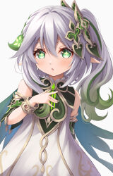 Rule 34 | 1girl, :o, arm at side, armband, bare shoulders, braid, cross-shaped pupils, curly hair, detached sleeves, dress, eyelashes, french braid, genshin impact, gradient hair, green eyes, green hair, grey background, hair between eyes, hair ornament, hand up, leaf hair ornament, light blush, long hair, looking at viewer, multicolored clothes, multicolored dress, multicolored hair, nahida (genshin impact), parted lips, pointy ears, short sleeves, side ponytail, simple background, sleeveless, sleeveless dress, solo, streaked hair, symbol-shaped pupils, ten (tenchan man), upper body, white hair, wristband