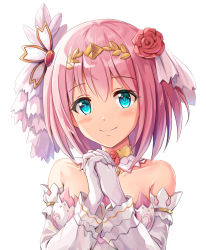 Rule 34 | 1girl, aqua eyes, bare shoulders, blush, closed mouth, collarbone, detached collar, detached sleeves, flower, gloves, hair flower, hair ornament, highres, kuroganeruto, long sleeves, looking at viewer, own hands clasped, own hands together, pink hair, princess connect!, red flower, red rose, rose, short hair, simple background, smile, solo, strapless, upper body, white gloves, yui (princess) (princess connect!), yui (princess connect!)