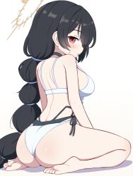 Rule 34 | 1girl, ass, bare arms, bare legs, bare shoulders, barefoot, black hair, blue archive, blush, braid, breasts, choker, commentary, halo, highres, hinata (blue archive), hinata (swimsuit) (blue archive), io9, large breasts, long hair, official alternate costume, one-piece swimsuit, open mouth, red eyes, simple background, single braid, soles, solo, swimsuit, toes, white background, white choker, white one-piece swimsuit, yellow halo