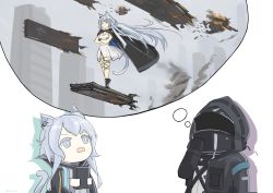 Rule 34 | 1girl, 1other, animal ear fluff, animal ears, arknights, black gloves, black jacket, book, building, cat ears, cat girl, cat tail, closed mouth, commentary request, doctor (arknights), dress, elite ii (arknights), expressionless, flying, gloves, grey eyes, highres, holding, holding book, hood, hooded jacket, imagining, jacket, long hair, long sleeves, looking ahead, minminxdaha, multiple views, open mouth, rosmontis (arknights), shadow, shirt, silver hair, simple background, standing, tail, thought bubble, very long hair, white background, white shirt