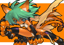 Rule 34 | 1girl, animal ears, animal hands, animal print, aqua eyes, blade (galaxist), cat ears, cat girl, cat tail, cham cham, earrings, female focus, gloves, green hair, jewelry, paw gloves, paw shoes, samurai spirits, shoes, short hair, solo, tail, thighhighs, tiger print