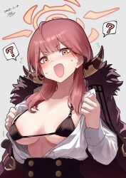 Rule 34 | :d, ?, absurdres, aru (blue archive), bikini, blue archive, breasts, coat, fur trim, gashitani, highres, horns, large breasts, open clothes, open mouth, orange eyes, shirt, smile, sweatdrop, swimsuit, thought bubble, underboob, upper body, white shirt