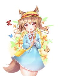 Rule 34 | 1girl, :d, animal ear fluff, animal ears, bad id, bad pixiv id, bag, blue dress, blush, bow, bug, butterfly, cowboy shot, dress, fang, flower, hair between eyes, hat, hat bow, head tilt, highres, insect, kindergarten bag, kindergarten uniform, light brown hair, long hair, long sleeves, looking at viewer, neck ribbon, open mouth, original, puffy long sleeves, puffy sleeves, red bow, red ribbon, ribbon, school hat, seno (senohime), short eyebrows, shoulder bag, smile, solo, tail, thick eyebrows, white background, yellow flower, yellow hat
