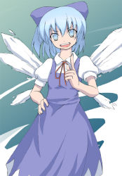 Rule 34 | 1girl, :d, blue background, blue dress, blue eyes, blue hair, cirno, collar, crystal, dawy, dress, embodiment of scarlet devil, fairy, fairy wings, female focus, ice, ice wings, index finger raised, looking at viewer, matching hair/eyes, open mouth, red ribbon, ribbon, simple background, smile, solo, touhou, wings