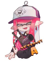 Rule 34 | 1girl, absurdres, bandage on face, bandages, black shirt, closed eyes, earrings, fangs, gun, hat, highres, holding, holding weapon, inkling, inkling girl, inkling player character, jewelry, long sleeves, nintendo, pink hair, pointy ears, purple headwear, sahata saba, shirt, simple background, smile, splatoon (series), tentacle hair, upper body, weapon, white background