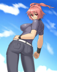 Rule 34 | 1girl, alternate costume, ass, back, belt, breasts, casual, clenched hand, denim, female focus, from behind, hair bobbles, hair ornament, hand on own hip, hip focus, houtengeki, impossible clothes, impossible shirt, jeans, large breasts, looking back, onozuka komachi, pants, pink eyes, pink hair, red eyes, red hair, shirt, short hair, short twintails, smile, solo, touhou, twintails, two side up, wristband