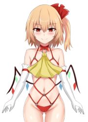 Rule 34 | 1girl, bikini, blonde hair, blush, breasts, cameltoe, choker, closed mouth, elbow gloves, flandre scarlet, gloves, gluteal fold, groin, highres, looking at viewer, navel, neckerchief, red bikini, red neckerchief, revealing clothes, shiny skin, short hair, simple background, small breasts, smile, solo, standing, swimsuit, touhou, white gloves, wings, wuwusan, yellow neckerchief