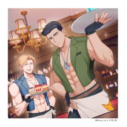 Rule 34 | 2boys, abs, ao isami, apron, bar (place), bara, bare pectorals, belt, black hair, black pants, blonde hair, blue eyes, blue vest, border, bottle, brown belt, cake, cake slice, chandelier, closed mouth, cowboy shot, cup, dog tags, drinking glass, dutch angle, facial hair, fingerless gloves, food, gloves, green vest, groin, hand on own hip, haruri fbje, highres, lewis smith, looking at another, male focus, multiple boys, pants, pectorals, short hair, sideburns stubble, sleeveless, sparkle, strawberry shortcake, stubble, twitter username, vest, waist apron, white apron, white border, yuuki bakuhatsu bang bravern