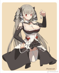 Rule 34 | 1girl, artist name, azur lane, between breasts, black panties, blush, breasts, bright pupils, brown background, cleavage, clothing cutout, condom, cowboy shot, cropped legs, detached sleeves, formidable (azur lane), garter straps, grey hair, hair ribbon, hand on own hip, highres, large breasts, long hair, panties, red eyes, ribbon, shoulder cutout, simple background, solo, sunligh mao, thighhighs, twintails, underwear, used condom, very long hair, weibo watermark, white pupils, white thighhighs