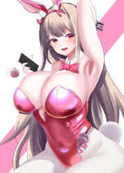 Rule 34 | 1girl, :d, amamiya kure, animal ears, arm behind head, arm up, armpits, bare shoulders, blush, bow, bowtie, breasts, cellphone, cleavage, cowboy shot, detached collar, fake animal ears, fake nails, fake tail, goddess of victory: nikke, highleg, highleg leotard, highres, holding, holding phone, horns, large breasts, leotard, light brown hair, long hair, nail polish, official alternate costume, open mouth, pantyhose, phone, pink bow, pink bowtie, pink horns, pink leotard, pink nails, playboy bunny, rabbit ears, rabbit tail, red eyes, sidelocks, sitting, smartphone, smile, solo, strapless, strapless leotard, tail, teeth, upper teeth only, viper (nikke), viper (toxic rabbit) (nikke), white pantyhose, wrist cuffs