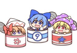 Rule 34 | 3girls, blonde hair, blue bow, blue eyes, blue hair, blush stickers, bow, can, chibi, chibi only, circled 9, cirno, clownpiece, commentary request, hair bow, hat, highres, jester cap, lily white, multiple girls, open mouth, orange hair, outstretched arms, polka dot headwear, red eyes, shitacemayo, smile, star (symbol), touhou
