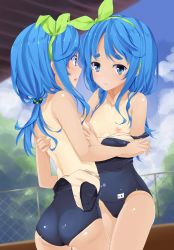 Rule 34 | 2girls, :o, :t, ass, back, bemani, blue eyes, blue hair, blue one-piece swimsuit, blurry, blush, grabbing another&#039;s breast, breasts, ceiling, chain-link fence, character name, closed mouth, clothes pull, cloud, collarbone, cowboy shot, day, depth of field, eye contact, fence, from side, grabbing, green ribbon, hair ornament, hair over shoulder, hair ribbon, hair scrunchie, hairband, hand on another&#039;s back, highres, incest, long hair, looking at another, low ponytail, multiple girls, name tag, near (sound voltex), nipples, noah (sound voltex), old school swimsuit, one-piece swimsuit, one-piece swimsuit pull, one-piece tan, open mouth, outdoors, ponytail, pout, profile, raised eyebrows, ribbon, school swimsuit, scrunchie, short eyebrows, siblings, sideboob, sidelocks, sisters, sky, small breasts, sound voltex, standing, star (symbol), star print, surprised, swimsuit, tan, tanline, thick eyebrows, topless, tree, tries, twins, yuri