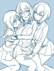 Rule 34 | 10s, 3girls, arm around back, asymmetrical docking, blush, breast press, breasts, breasts on another&#039;s back, commentary request, girl sandwich, girls und panzer, hair between eyes, hand on another&#039;s cheek, hand on another&#039;s face, hand on another&#039;s shoulder, hand on another&#039;s thigh, ikeshita moyuko, itsumi erika, jacket, kneehighs, leaning on person, military, military uniform, miniskirt, monochrome, multiple girls, nishizumi maho, nishizumi miho, ooarai school uniform, own hands clasped, own hands together, sandwiched, school uniform, serafuku, simple background, sketch, skirt, smile, socks, uniform, yuri