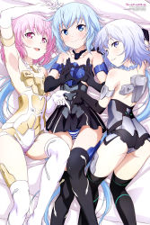Rule 34 | 10s, 3girls, absurdres, android, armpits, ass, bare shoulders, bed sheet, blue eyes, blue hair, blush, choker, elbow gloves, frame arms girl, girl sandwich, gloves, heart, heart hands, heart hands duo, highres, kitagawa daisuke, lying, materia (frame arms girl), materia kuro, materia shiro, multiple girls, non-web source, official art, on back, on side, panties, pink eyes, pink hair, purple eyes, purple hair, sandwiched, short hair, smile, striped clothes, striped panties, stylet, sweatdrop, thighhighs, twintails, underwear, wavy mouth