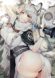 Rule 34 | 1girl, absurdres, animal ear fluff, animal ears, arknights, ass, bell, belt, black panties, blush, braid, breasts, cowboy shot, dress, grey eyes, hair between eyes, head chain, highres, holding, holding bell, ia (ias1010), jewelry, large breasts, leopard ears, leopard tail, long hair, long sleeves, looking at viewer, multiple belts, necklace, panties, pramanix (arknights), silver hair, skindentation, solo, standing, tail, thighhighs, thighs, turtleneck, twin braids, twisted torso, underwear, very long hair